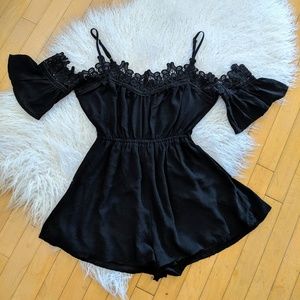 Black Cold Shoulder Romper with Lace Detailing